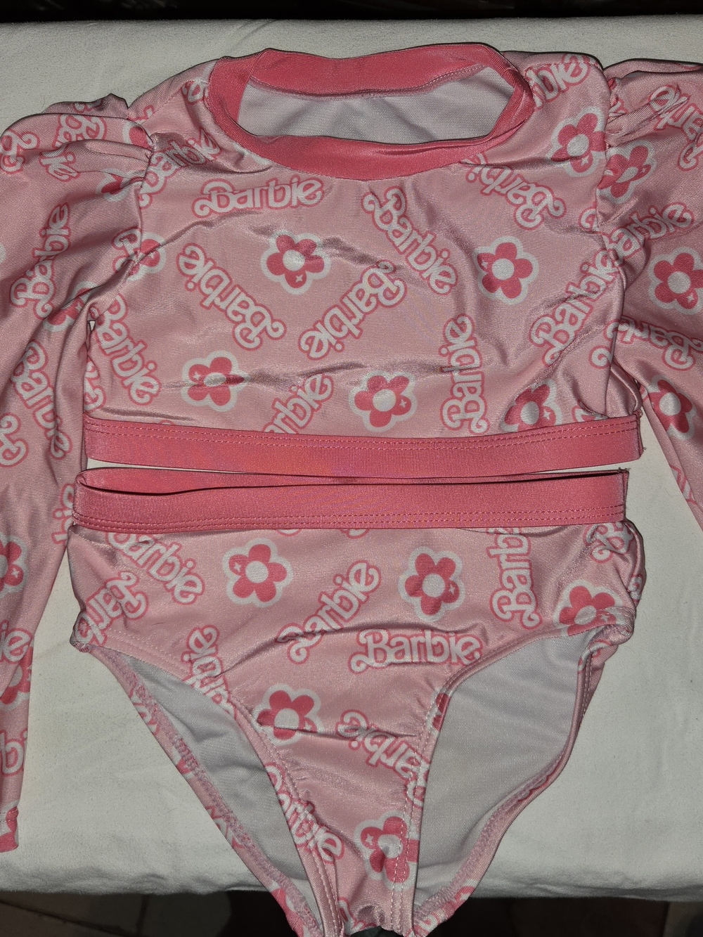 Barbie Pink Long-Sleeve Two-Piece Kids Swimsuit SZ 4T